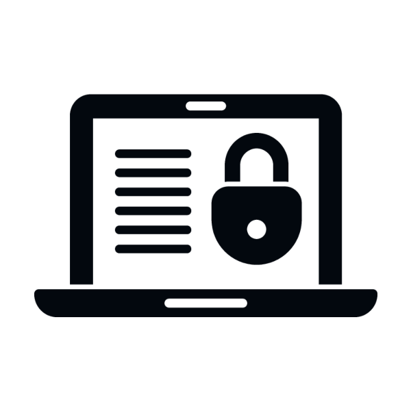 A black and white icon of a laptop with text lines and a padlock, representing Premium Installation by Trustico® Online Security for website security or SSL Certificate setup to protect your data.