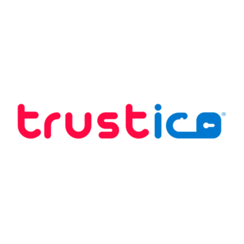 The word trustico is written in lowercase letters; trust is in red, and ico is in blue. The letter o resembles a padlock, emphasizing security. The background is light gray.
