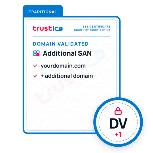 A graphic displays the Trustico® DV + Multi Domain - Additional SAN SSL Certificate from Trustico CA, supporting Subject Alternative Names (SANs) for yourdomain.com and one additional domain. At the bottom right, a DV +1 badge with a padlock emphasizes its Multi Domain SSL Certificate functionality.