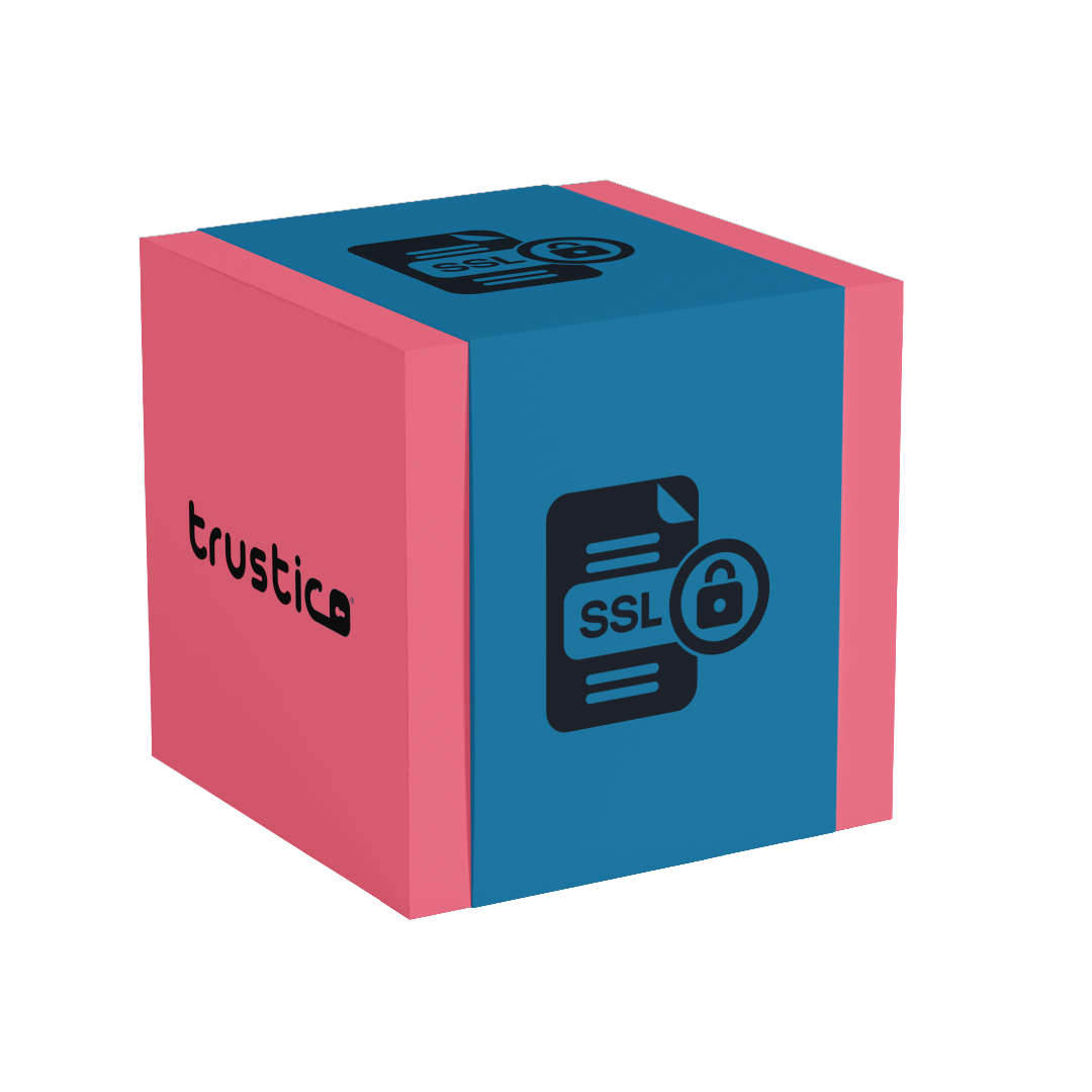 A 3D cube with pink and blue sides displays "trustic" and an SSL document with a padlock, symbolizing domain security by Sectigo CA’s Sectigo® DV + Multi Domain - Additional SAN certificate.