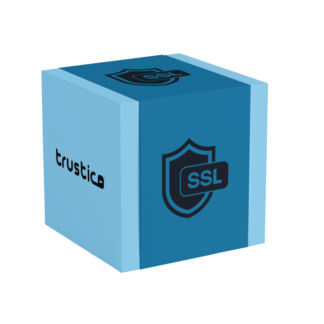 A blue 3D cube shows "trustica" and a shield labeled SSL, symbolizing online security or Sectigo® OV + Multi Domain - Additional SAN from Sectigo CA, ideal for securing multiple domains with organization validation.