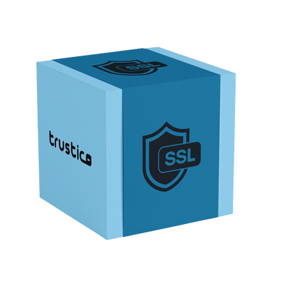 A blue 3D cube shows "trustica" and a shield labeled SSL, symbolizing online security or Sectigo® OV + Multi Domain - Additional SAN from Sectigo CA, ideal for securing multiple domains with organization validation.