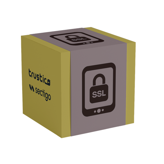 A 3D yellow and gray box displays padlock icons labeled SSL and the logos trustico and Sectigo® on its sides, symbolizing website security and SSL certificates.