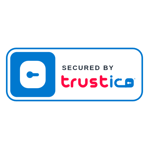 A blue and white badge features a circular logo on the left and “Trustico CA” in stylized pink and blue text on the right, reading “Secured by Trustico®,” to highlight support for Trustico® CaaS DV + Wildcard + Multi Domain SSL Certificate solutions.