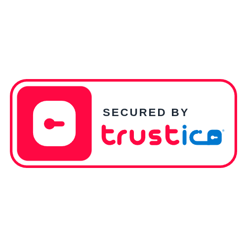 A security badge featuring a red icon on the left and the text Secured by Trustico® on the right, with Trustico® displayed in red and blue stylized letters, symbolizing robust protection provided by Trustico® DV + Wildcard + Multi Domain SSL Certificate technology.